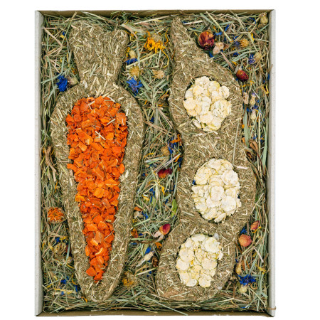 Divertimento XXL per roditori | Pisello e carota gigante con fieno e fiori